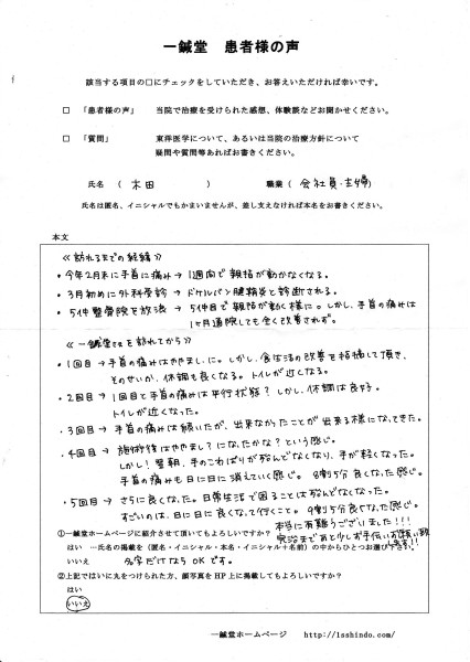 腱鞘炎の鍼灸治療体験談1